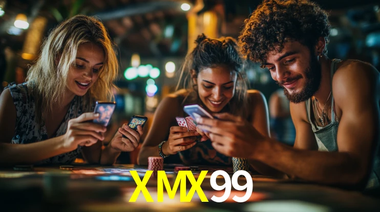 Una escena digital vívida inspirada en casino con XMX99 mostrado prominentemente, luces brillantes, fichas, cartas y acentos dorados.