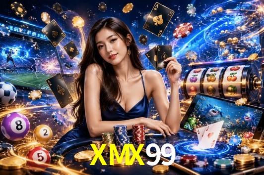 Escena dinámica inspirada en casino con iluminación XMX99, cartas, fichas e íconos de juegos digitales en un espacio moderno de juegos.